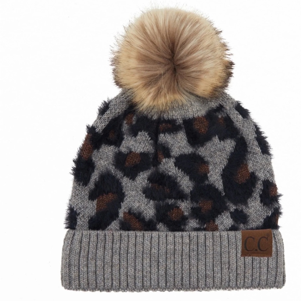 C.C  Leopard Pattern Soft Beanie with Pom Pom - Black and Brown
